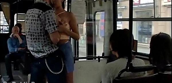  Crazy daring public bus sex action in front of amazed passengers and strangers by a couple with a cute girl and a guy with big dick doing a blowjob and a vaginal intercourse in a local transportation